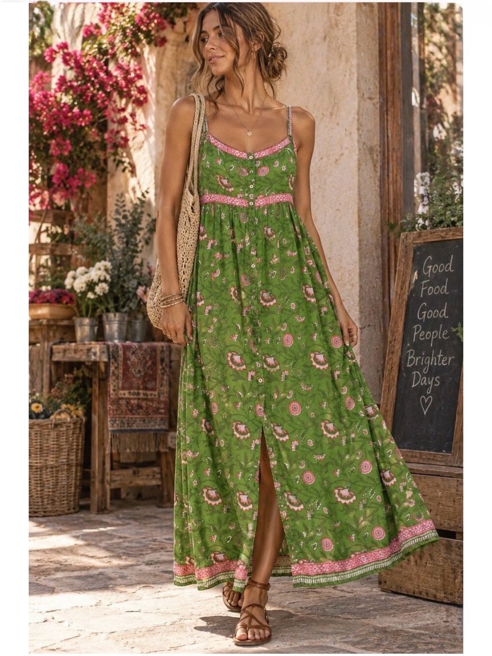 Natural Life Green Floral Boho Cotton Maxi Dress
